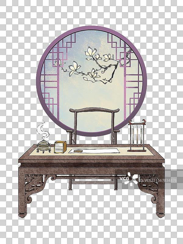 手绘中式风格古风书房书桌文房四宝与窗户窗外风景免抠元素图片素材