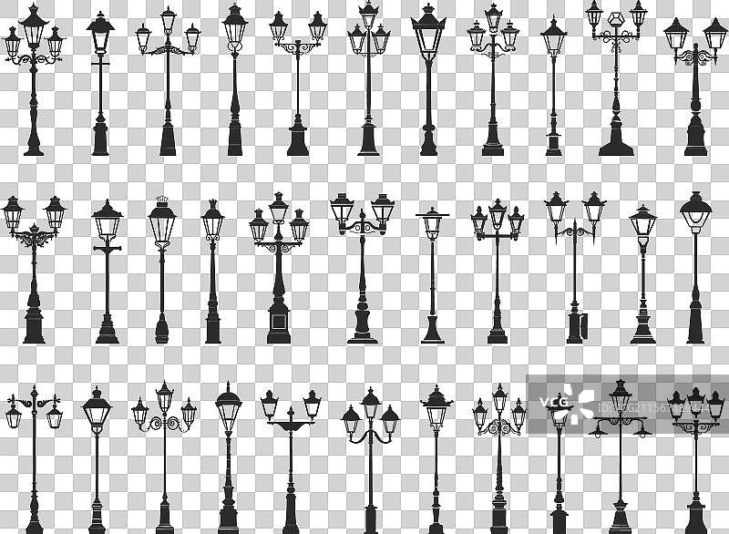 复古街灯图标的黑色剪影集合图片素材