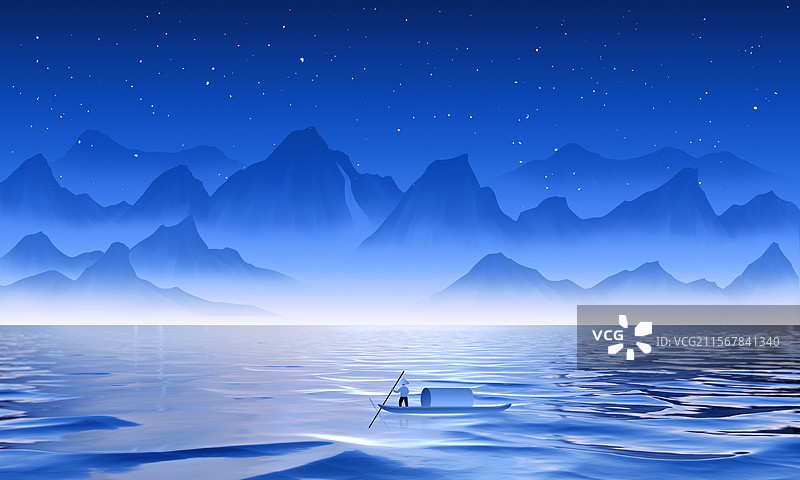 夜空下的月亮山川海面唯美插画图片素材