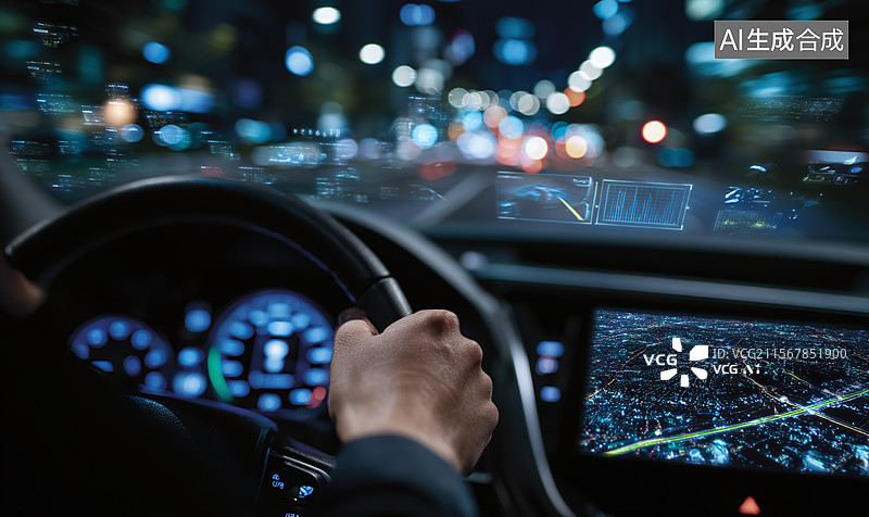 【AI数字艺术】夜间车内智能驾驶科技界面的未来感自动驾驶汽车画面  辅助驾驶图片素材