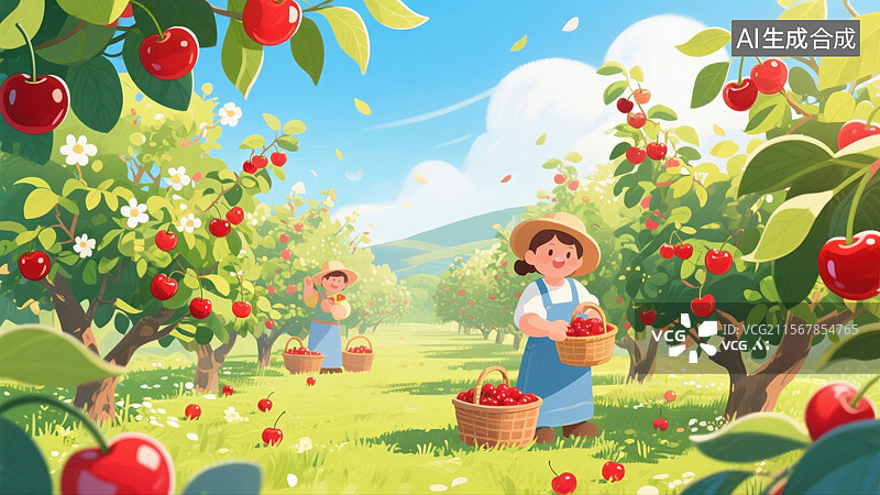 【AI数字艺术】樱桃园采摘樱桃插画图片素材