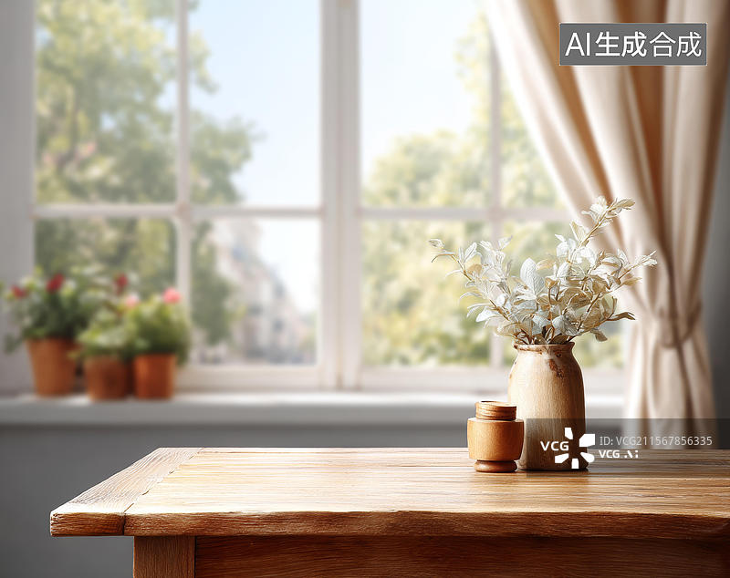 【AI数字艺术】窗户旁的木质桌面上摆放着花瓶和植物图片素材