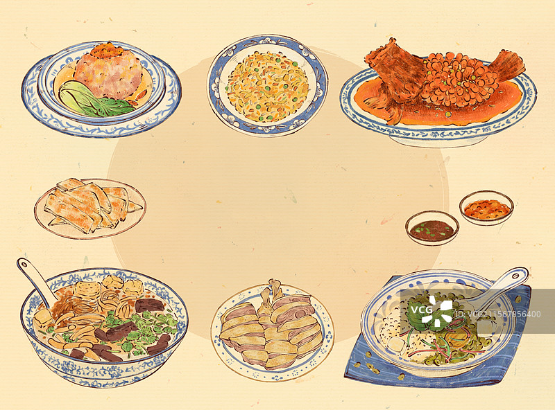 手绘江苏特色传统美食苏菜鸭血粉丝汤盐水鸭等插画图片素材