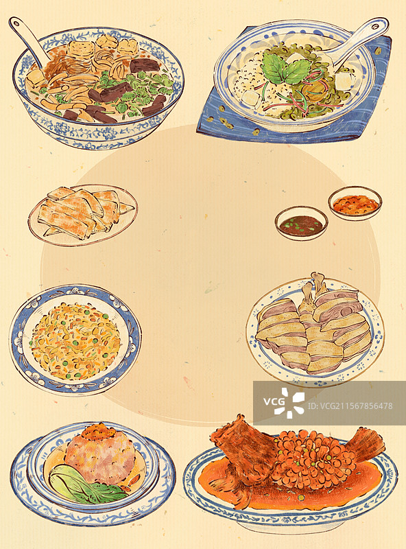 手绘江苏特色传统美食苏菜鸭血粉丝汤盐水鸭等插画图片素材