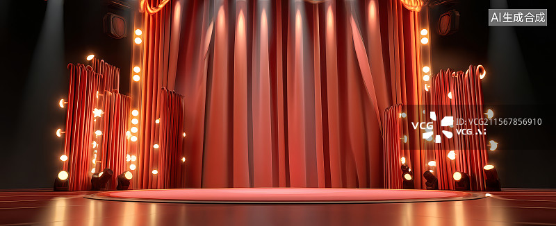 【AI数字艺术】红色舞台幕布与灯光装饰图片素材
