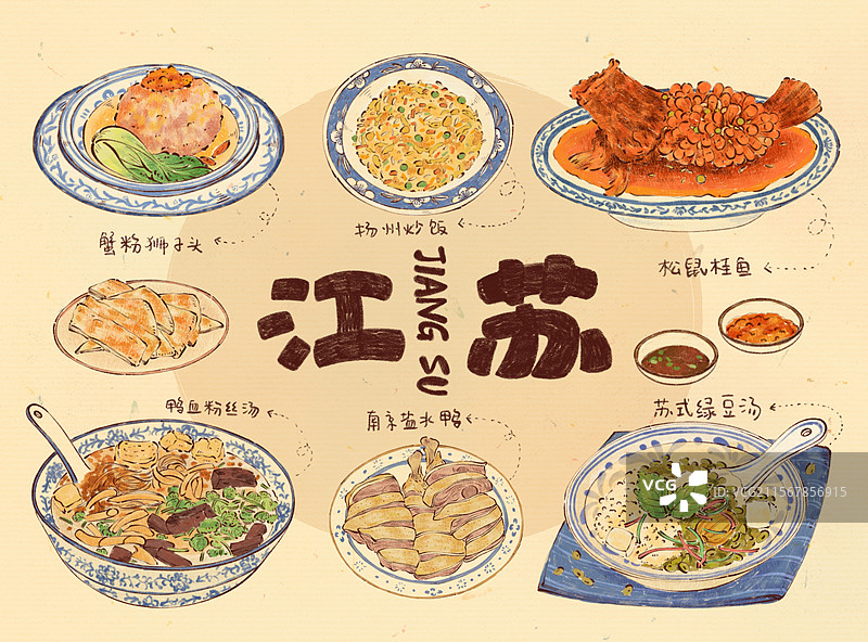 手绘江苏特色传统美食菜肴鸭血粉丝汤等插画图片素材