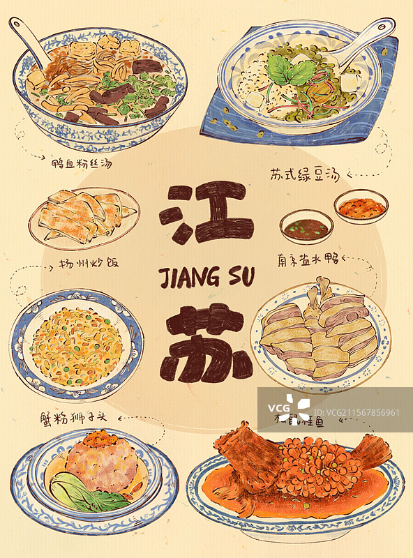 手绘江苏特色传统美食菜肴鸭血粉丝汤等插画图片素材