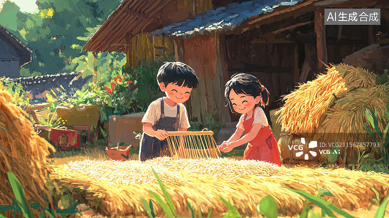 【AI数字艺术】世界粮食日插画乡村晒谷场孩子们在帮忙翻晒稻谷图片素材