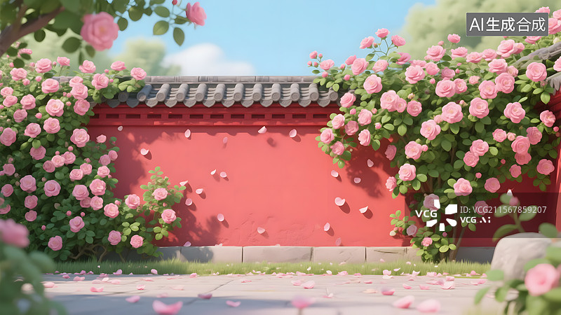 【AI数字艺术】红墙上的花朵插画图片素材