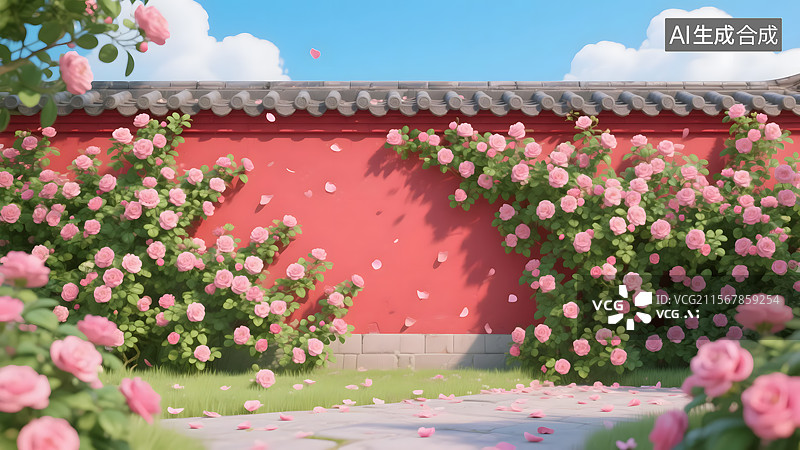 【AI数字艺术】粉红色花朵下的古代红墙图片素材