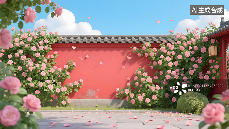 【AI数字艺术】粉色花朵下的红墙图片素材