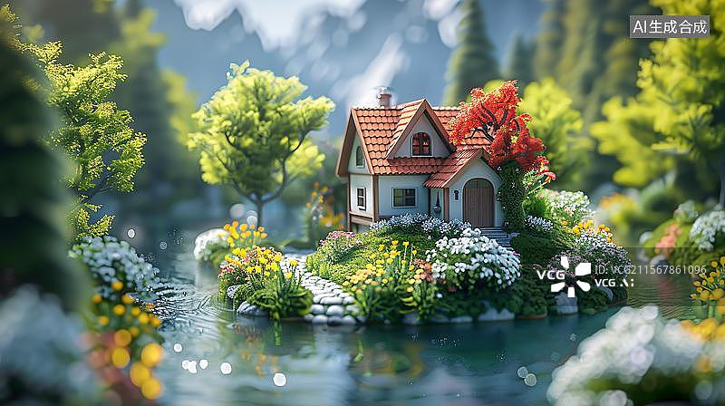 【AI数字艺术】童话小屋的静谧花园 水中小岛的梦幻家园图片素材