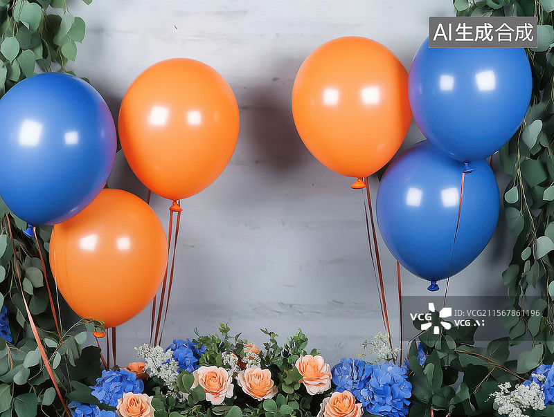 【AI数字艺术】橙蓝气球与花卉装饰图片素材