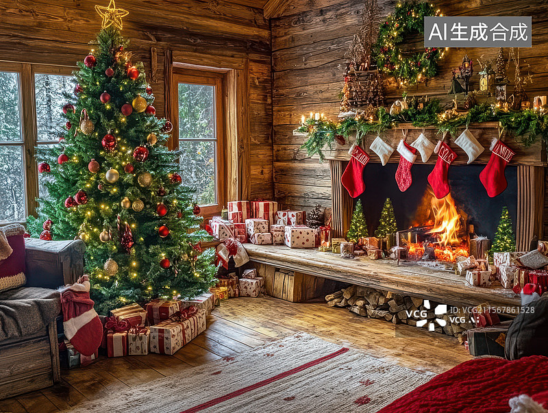 【AI数字艺术】温馨的圣诞室内装饰图片素材