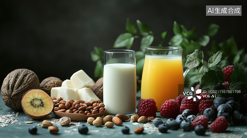 【AI数字艺术】健康食品组合：坚果、牛奶、果汁和浆果图片素材