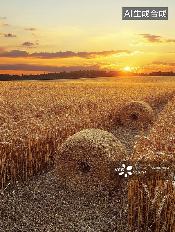 【AI数字艺术】日落时分的麦田与干草堆图片素材
