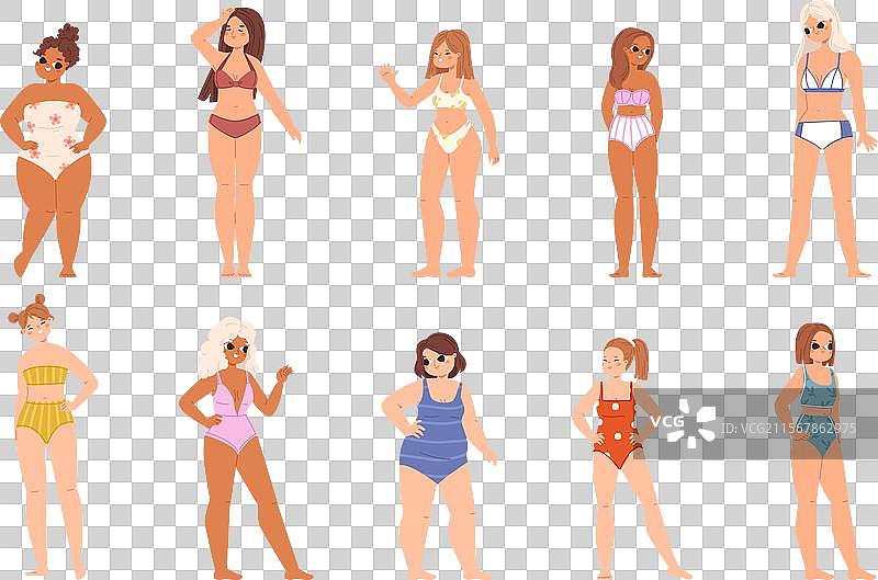 不同体型女孩穿着泳装的女性图片素材