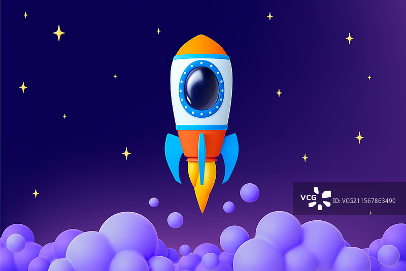太空船起飞的3D场景，火箭与云彩图片素材