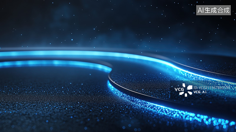 【AI数字艺术】蓝色光带在黑暗背景中的流动效果图片素材