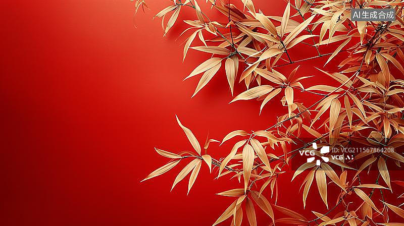 【AI数字艺术】新春红韵竹报平安 国风竹影东方意境   国风红底金色竹子插画背景 红色竹影的东方意境图片素材