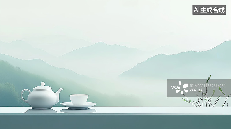 【AI数字艺术】茶具与远山景色图片素材
