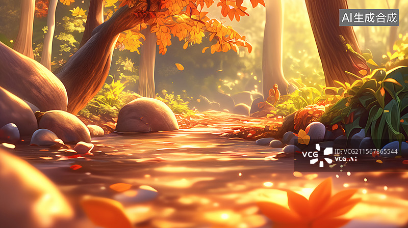 【AI数字艺术】秋日森林溪流图片素材