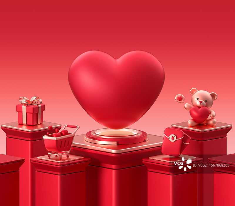 情人节红色背景中的爱心元素堆头图3D场景图片素材