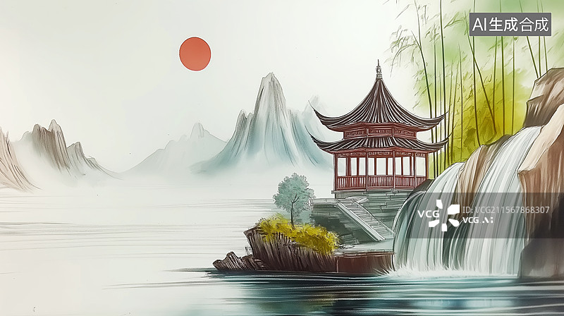 【AI数字艺术】水墨写意中国风山水亭台画图片素材