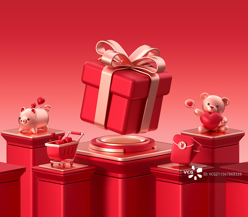 情人节红色背景中的礼盒元素堆头图3D场景图片素材