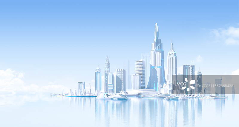 科技蓝浅色未来城市建筑蓝天白云3D场景图片素材