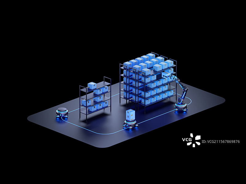 深色智能自动化仓储数字供应链元素3D图标图片素材