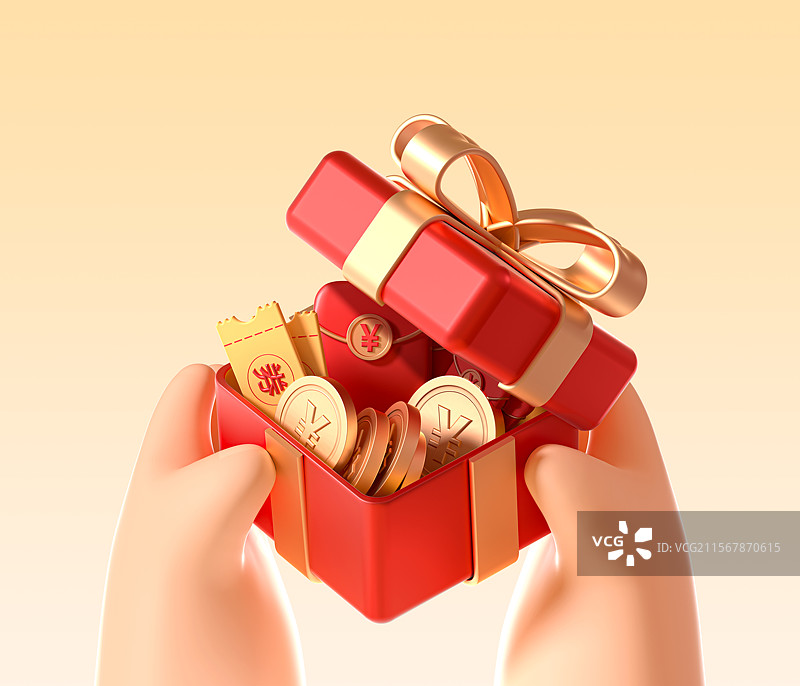 双手拿着装满红包优惠券的礼盒活动3D场景图片素材