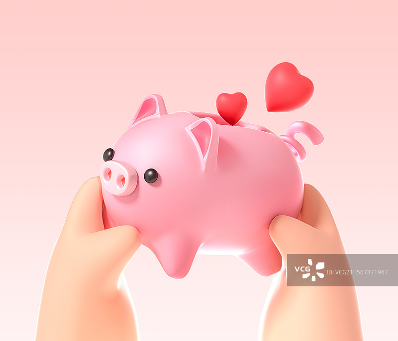 情人节双手拿着小猪爱心存钱罐粉色背景图片素材