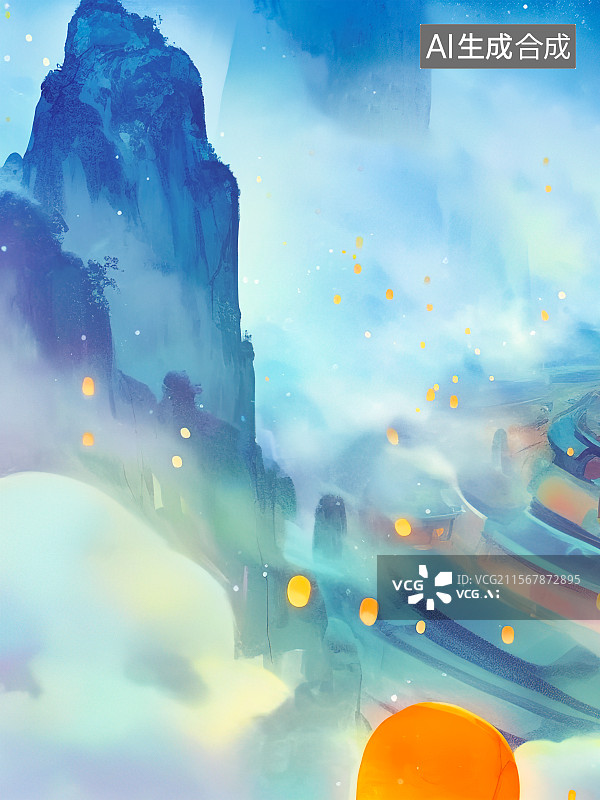 【AI数字艺术】中秋节元宵节中元节 放飞点亮孔明灯天灯许愿灯祈天灯传统节日祈福祝福许愿 仙山云雾仙气缭绕场景图片素材