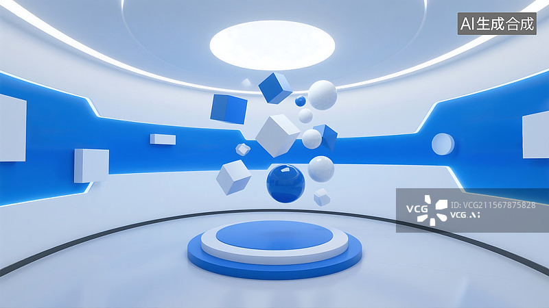 【AI数字艺术】蓝色三维空间公司企业文化墙产品展示台图片素材