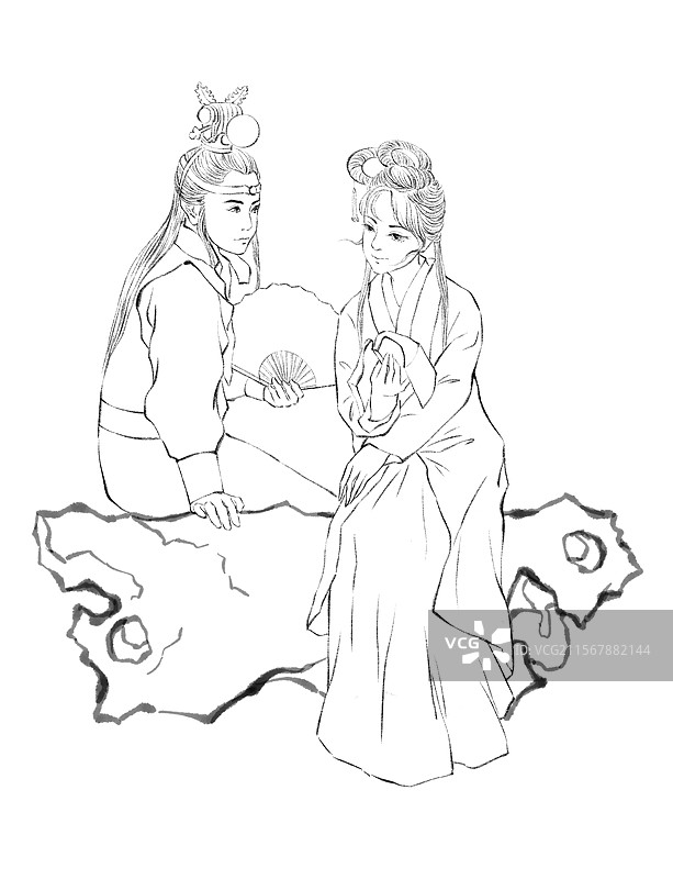 红楼梦人物线稿元素，贾宝玉与林黛玉木石前盟。图片素材