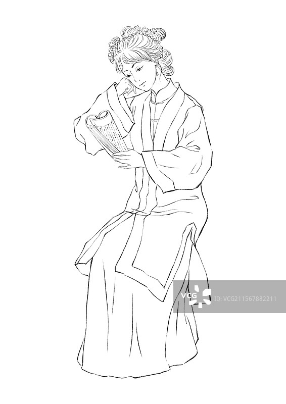 红楼梦人物线稿元素，香菱学诗，看书读诗阅读的汉服美女。图片素材
