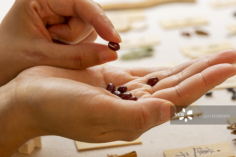 手拿中药材红豆特写图片素材