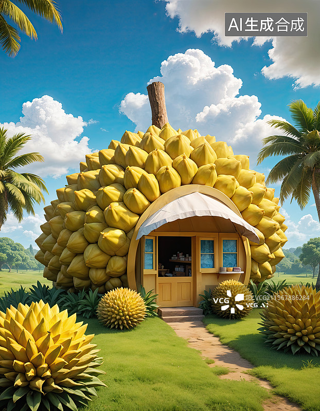 【AI数字艺术】榴莲小屋手绘插画图片素材