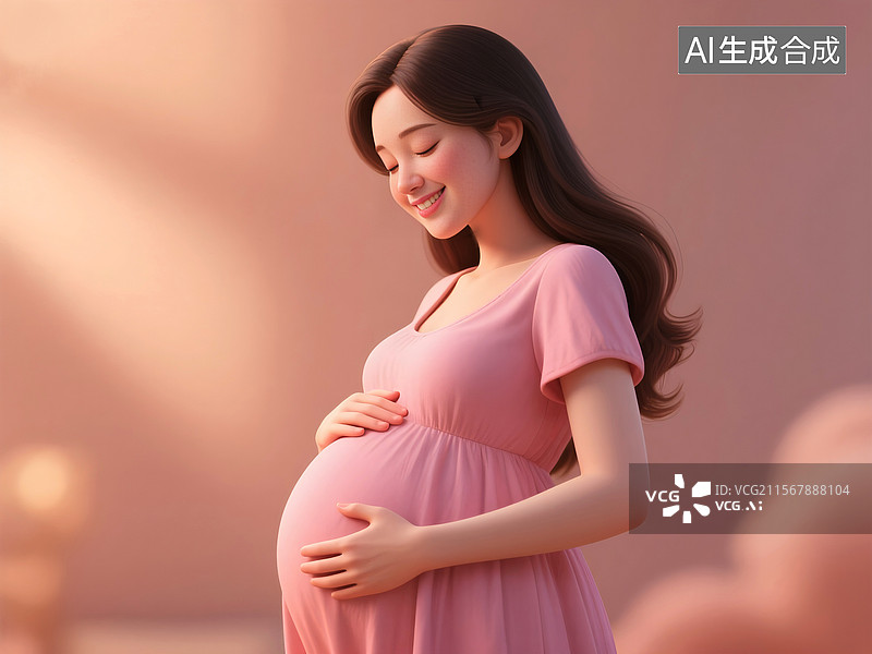 【AI数字艺术】穿着粉红裙子的怀孕女性幸福的把手放在肚子上图片素材
