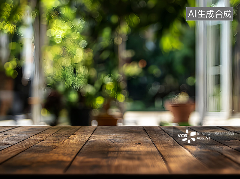 【AI数字艺术】背景模糊的现代室内，带有复制空间的抽象空木桌图片素材