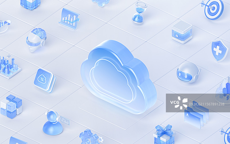 科技蓝白数据云计算阵列平铺元素堆3D渲染图片素材