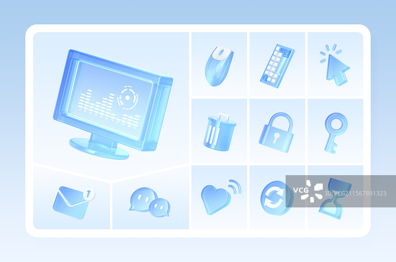 科技蓝白透光玻璃智能概念网络3D图标合集图片素材