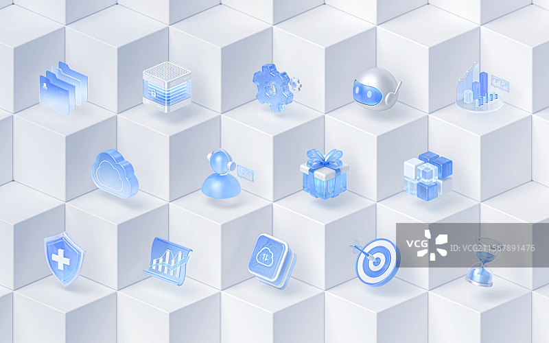 科技蓝白图标六边形几何蜂巢背景墙3D海报图片素材