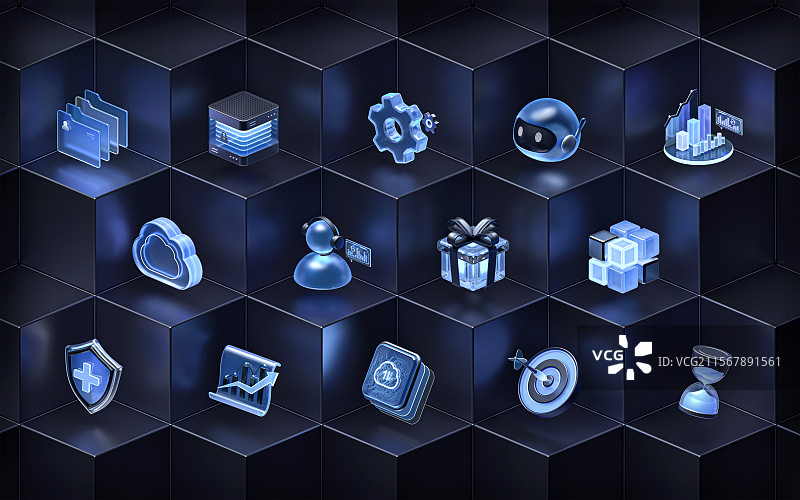 深色科技感图标六边形几何背景墙3D海报图片素材