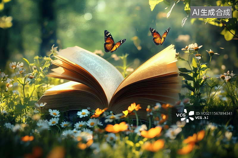 【AI数字艺术】草地上，翻开的书页上，栖息着几只蝴蝶图片素材