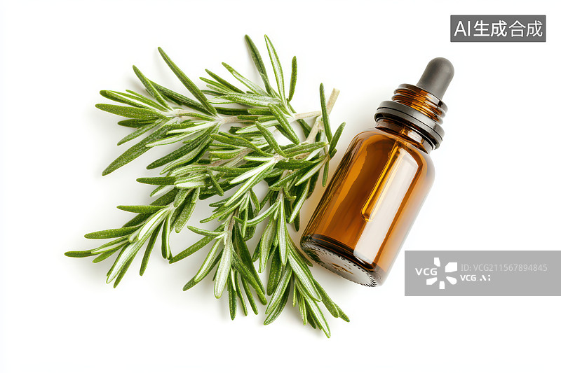 【AI数字艺术】白色背景的迷迭香精油静物艺术图像图片素材