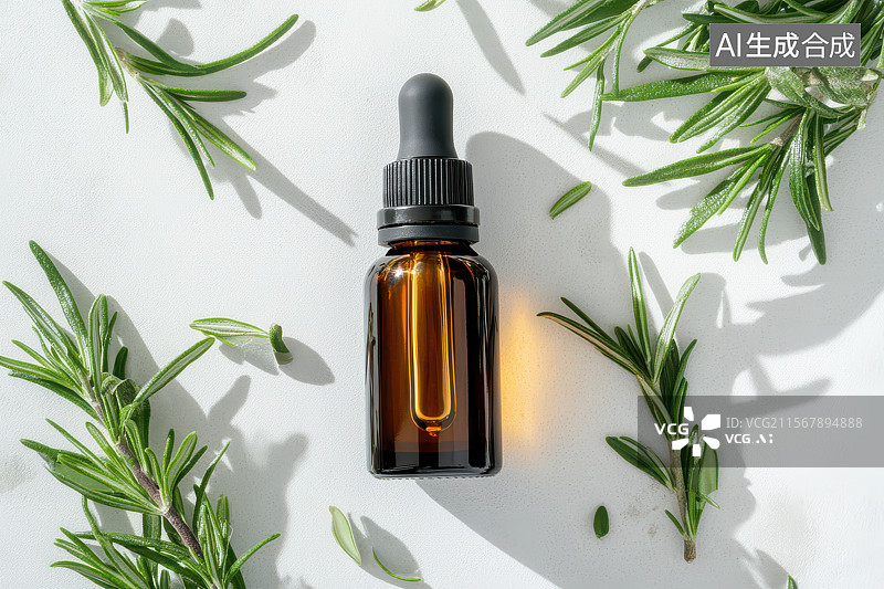 【AI数字艺术】白色背景的迷迭香精油静物艺术图像图片素材