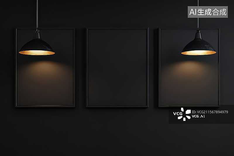 【AI数字艺术】暗调墙面的黑色画框与射灯艺术图像图片素材