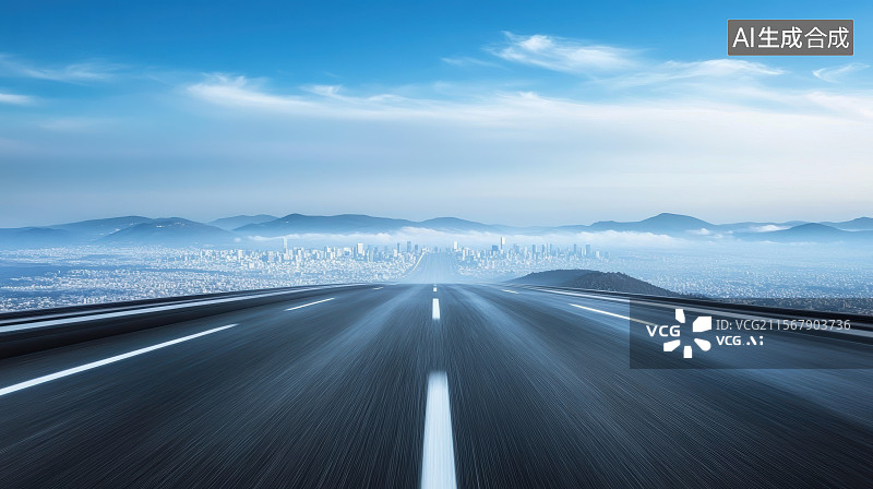 【AI数字艺术】高原户外公路 远处为山谷大平原中的城市建筑图片素材